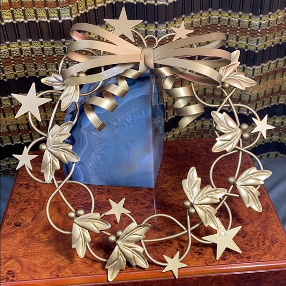 Vintage Gold Metal Star Bow Holly Wreath Holiday